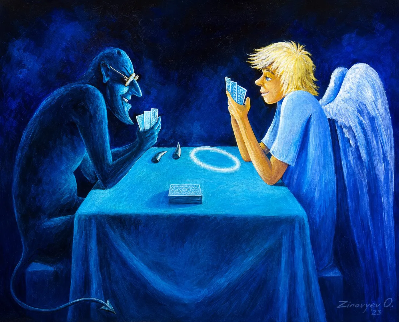 Cartoon “The Devil and the Angel Play Cards” by Oleksandr Zinovyev